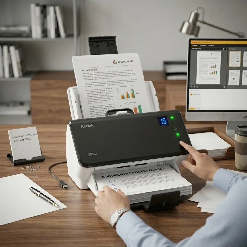 Profesional realizando digitalización de documentos cerca de mi en Bogotá con escáner Kodak en oficina moderna