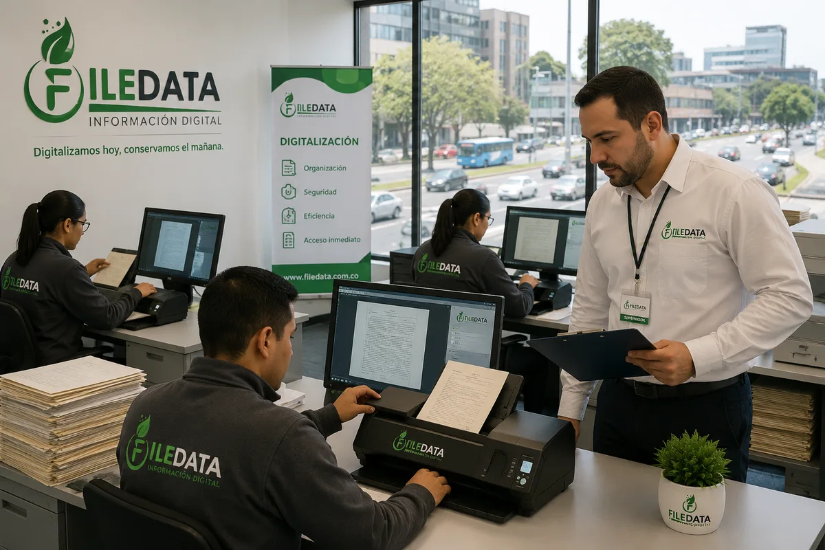 Especialistas de empresas de digitalización de documentos escaneando archivos con equipo profesional en Bogotá