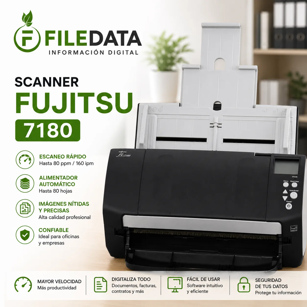 Alt: Alquiler Scanner FUJITSU 7180 para digitalización de documentos en Colombia, equipo profesional para alto volumen de escaneo.